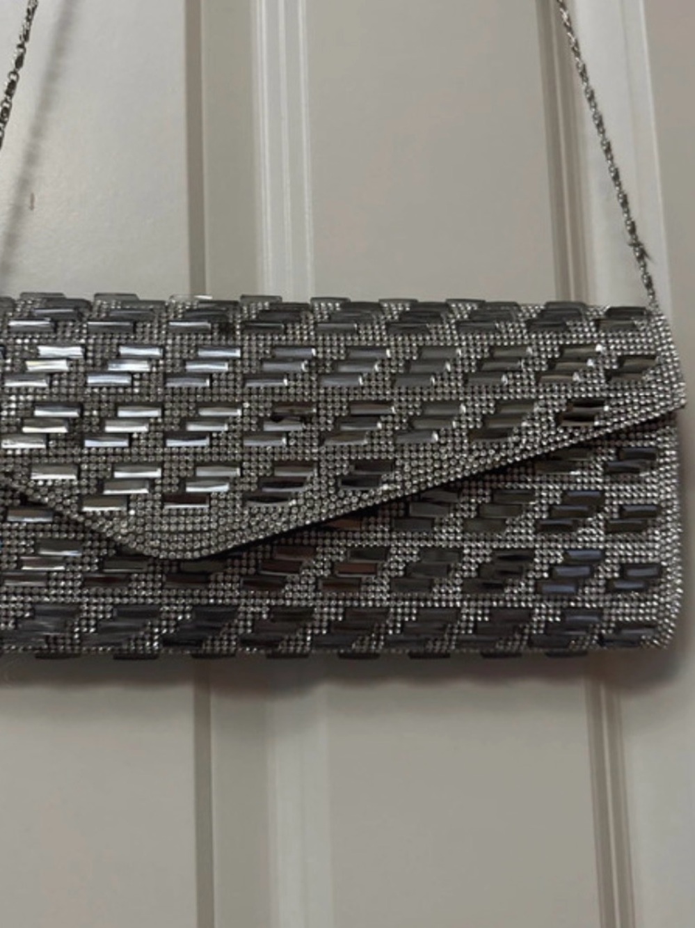 Rhinestone Silver Envelope Clutch with Chain Strap